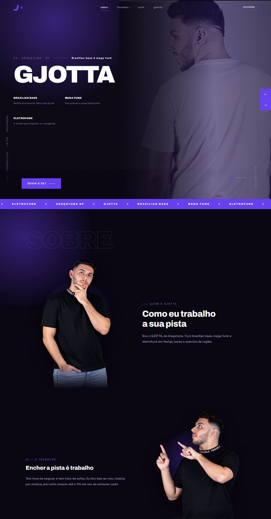 Site do DJ GJOTTA: fundo roxo escuro, o nome em letras grandes e seções sobre o trabalho do artista.